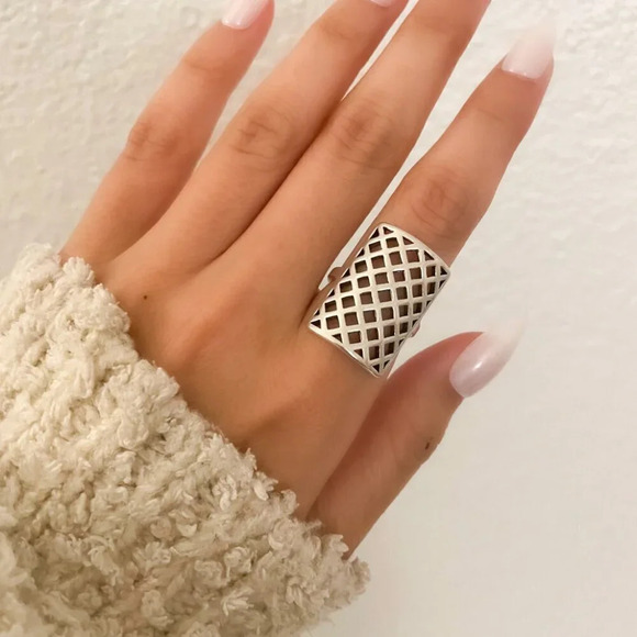 925 Sterling Silver Large Rectangle Ring Chunky Thick Bold Wide Statement Ring - Picture 7 of 11